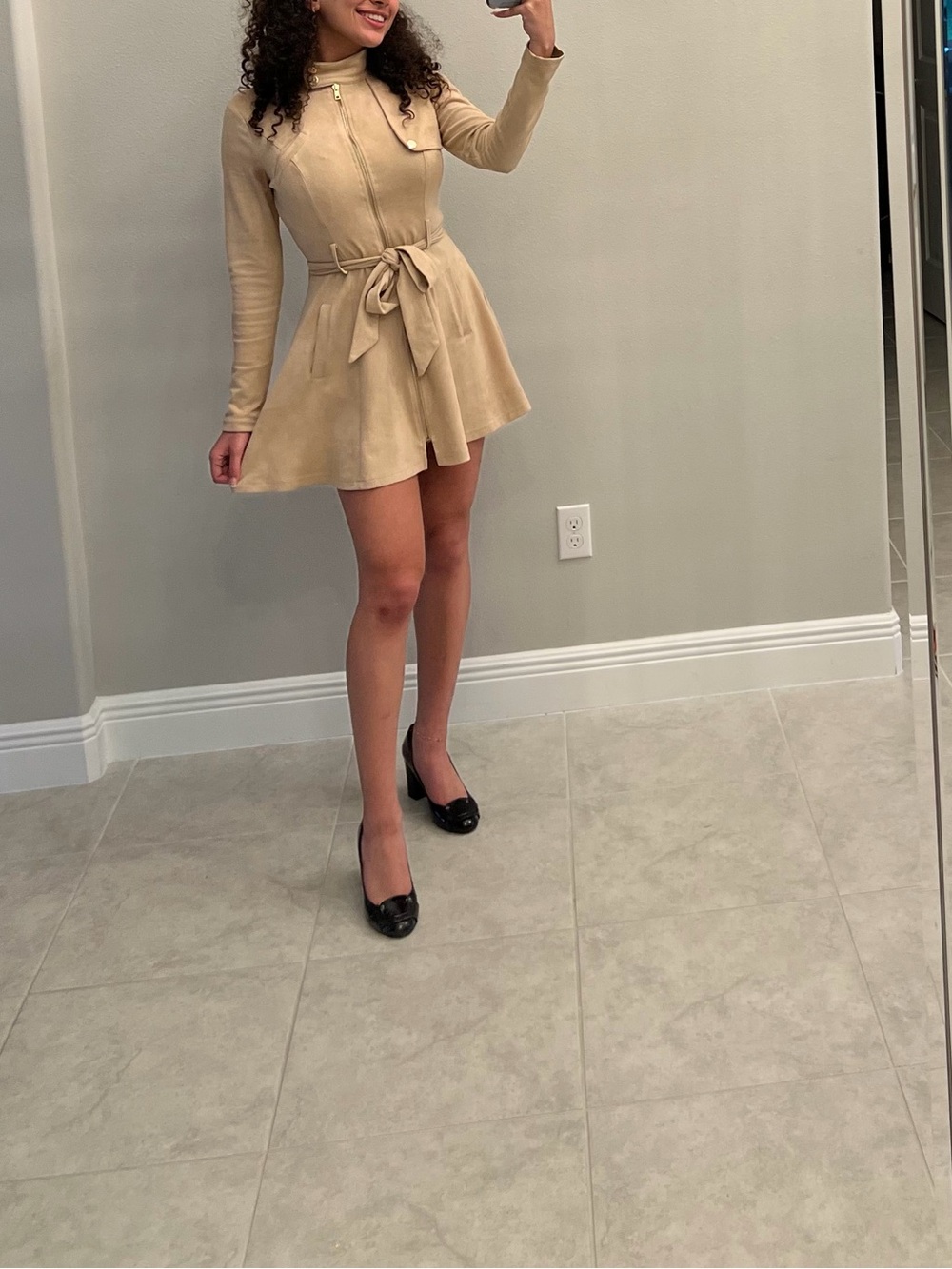 Tie-Waist Sand Mini Dress with Long Sleeves